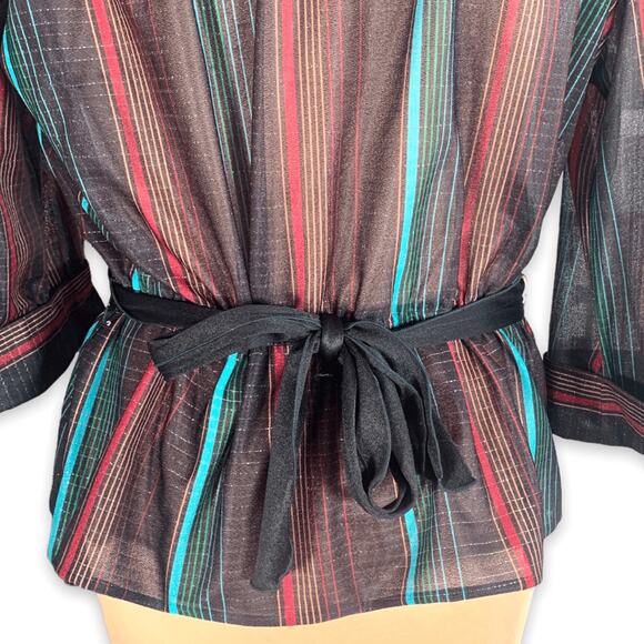 Vintage 80s Striped Sheer Blouse Black Burgundy Belted Waist Metallic Large - Picture 5 of 11